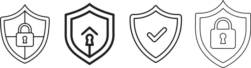 Shield Icons with Security and Approval Symbols on White Background