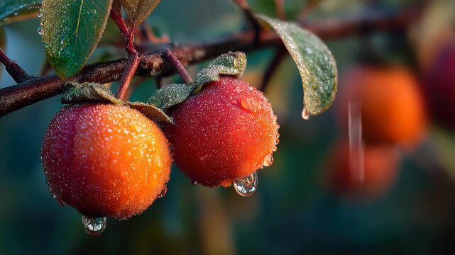Close-up of ripe, orange persimmons covered in glistening water droplets, hanging from a branch with green leaves, evoking the freshness of harvest season