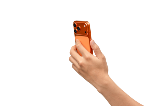Human Hand Holding Modern Orange Copper Smartphone with Triple Camera, Taking Photo or Video, Isolated on White