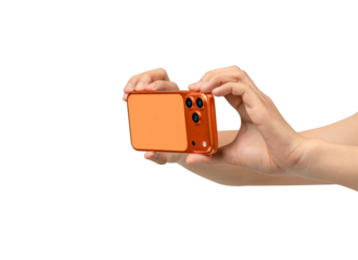 Human Hand Holding Modern Orange Copper Smartphone with Triple Camera, Taking Photo or Video, Isolated on White