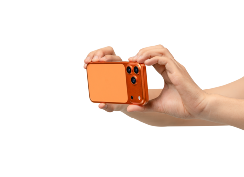 Human Hand Holding Modern Orange Copper Smartphone with Triple Camera, Taking Photo or Video, Isolated on White