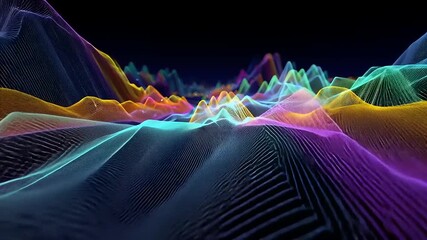 Vibrant abstract waves of color undulate in a digital landscape, creating a mesmerizing visual experience