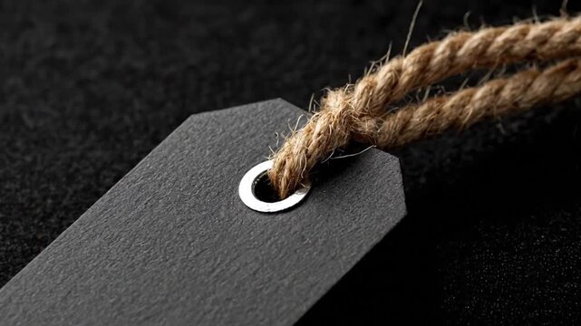A close-up of a blank black paper tag with a silver eyelet and a brown twine string set against a dark textured background
