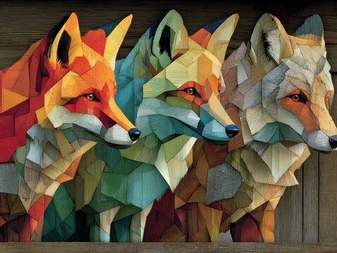 Geometric Fox Trio: A captivating trio of foxes, rendered in a striking geometric style. The vibrant array of colors and the unique artistic approach create an eye-catching piece of art.