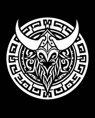Intricate Bull Tribal Design: A captivating tribal illustration showcases the silhouette of a bull, adorned with intricate patterns and symbolic details, against a stark background.