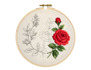 Embroidery hoop with red rose and floral sketch isolated on transparent background