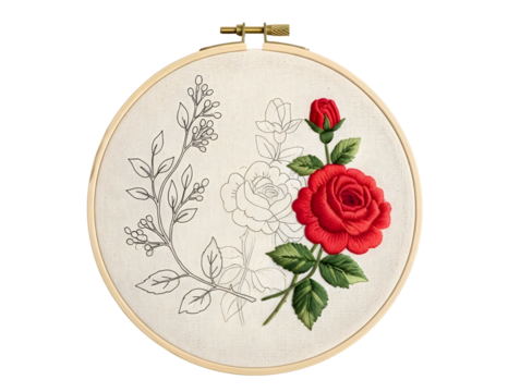 Embroidery hoop with red rose and floral sketch isolated on transparent background