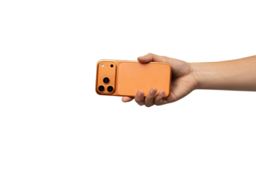 Human Hand Holding Modern Orange Copper Smartphone with Triple Camera, Taking Photo or Video, Isolated on White