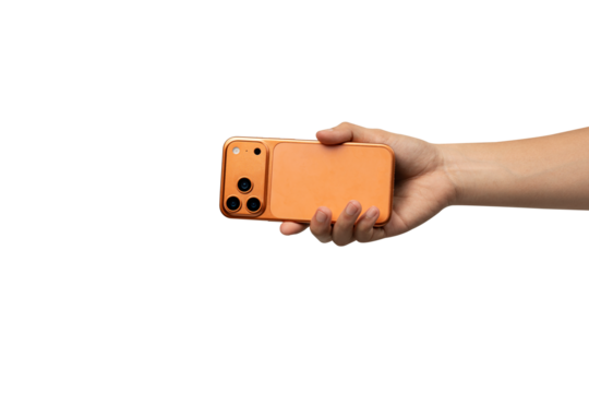 Human Hand Holding Modern Orange Copper Smartphone with Triple Camera, Taking Photo or Video, Isolated on White