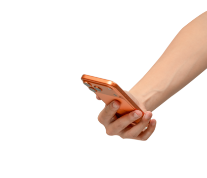 Human Hand Holding Modern Orange Copper Smartphone with Triple Camera, Taking Photo or Video, Isolated on White