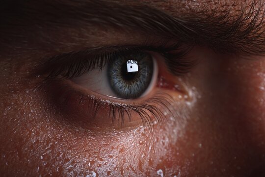 Close up of intense, sweaty face and mesmerizing blue eye conveys determination and focus for sports imagery