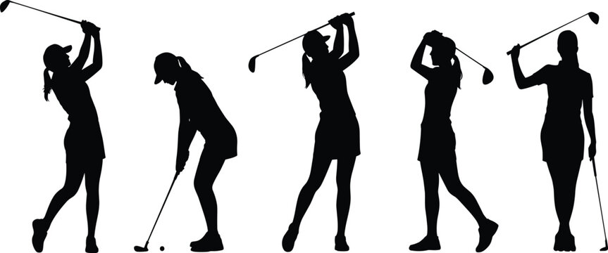 Golf swing silhouette illustration set, player motion poses, club technique icons, sports graphic, athlete symbol, golfing design