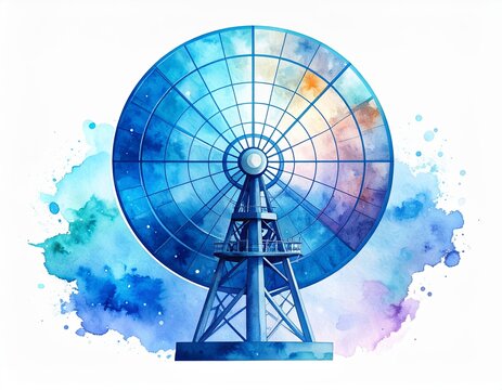 Whimsical watercolor illustration of a radar tower against a painterly sky - Powered by Adobe