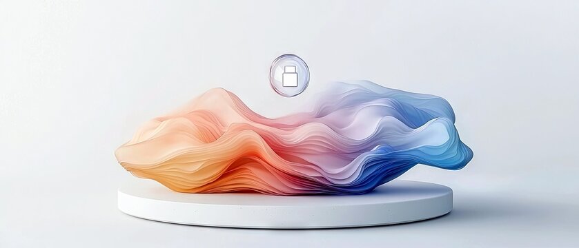 A colorful, abstract sculpture with flowing lines and a gradient from orange to blue, presented on a white pedestal, with a small circular icon floating above.
