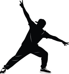 Dynamic Black Silhouette Vector of a Young Man Performing a Modern Dance Pose, Representing Hip Hop Culture, Breakdancing, Urban Lifestyle, and Performance Energy