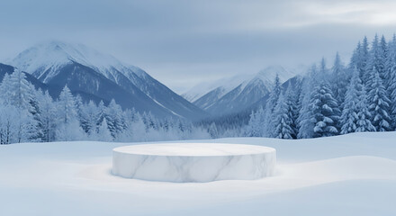 Obraz premium Marble podium stage in a snowy winter landscape with snow-covered mountains and pine trees in the background
