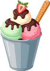 Ice Cream Dessert Cup Vector with Three Scoops, Chocolate Sauce, Strawberry Topping, Wafer Stic