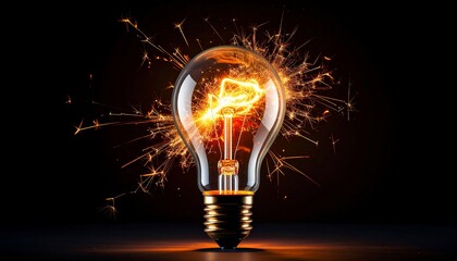 An illuminated lightbulb explodes with sparks creating an electrifying and brilliant display