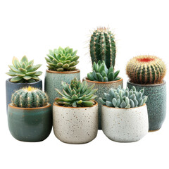 Succulents and cacti pots on transparent background