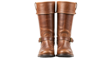 Pair of brown leather boots isolated on transparent background