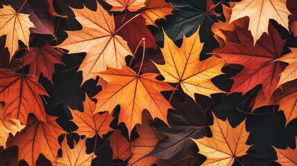 An abstract digital art composition of a glorious cascade of autumn maple leaves, a vibrant symphony of seasonal color and texture