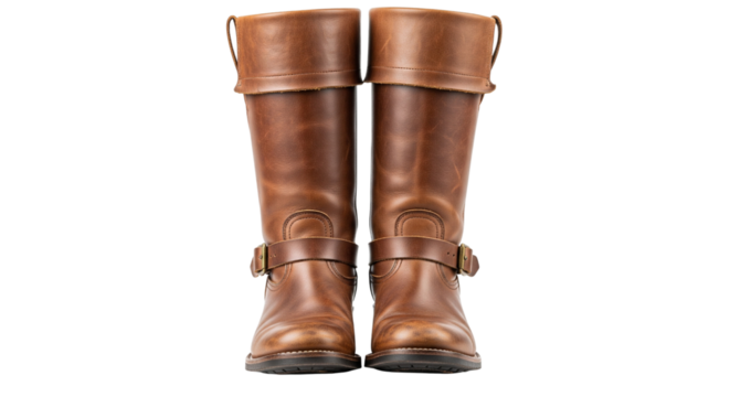 Pair of brown leather boots isolated on transparent background