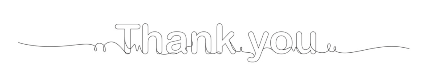 continuous line art of a word that says THANK YOU with curved and elongated lines. This image is for a sticker, banner, and advertisement in various places.
