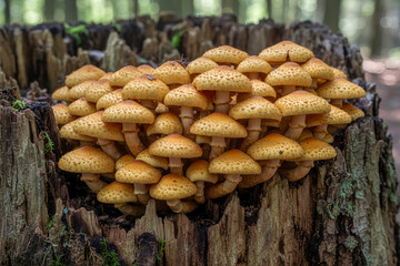 armillaria-mellea-Cluster of wild mushrooms growing on a tree stump in a forest setting