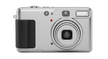Silver compact digital camera isolated on transparent background in studio