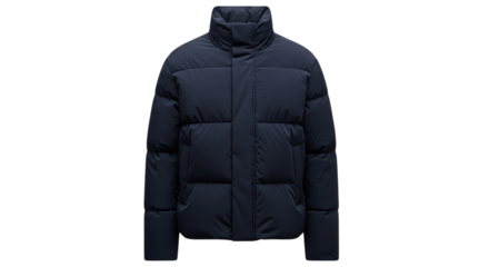 Navy blue puffer jacket isolated on transparent background in studio shot