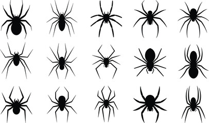 Spider silhouette illustration set, crawling and standing poses, arachnid icons, nature graphic, insect symbol, wildlife shape design © S.P