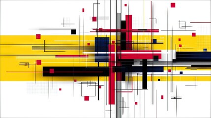 A dynamic abstract composition featuring intersecting lines and geometric shapes in red, yellow, blue, and black against a clean white backdrop.