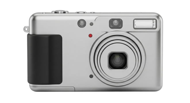 Silver compact digital camera isolated on transparent background in studio