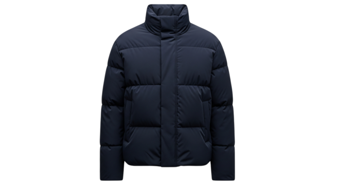 Navy blue puffer jacket isolated on transparent background in studio shot