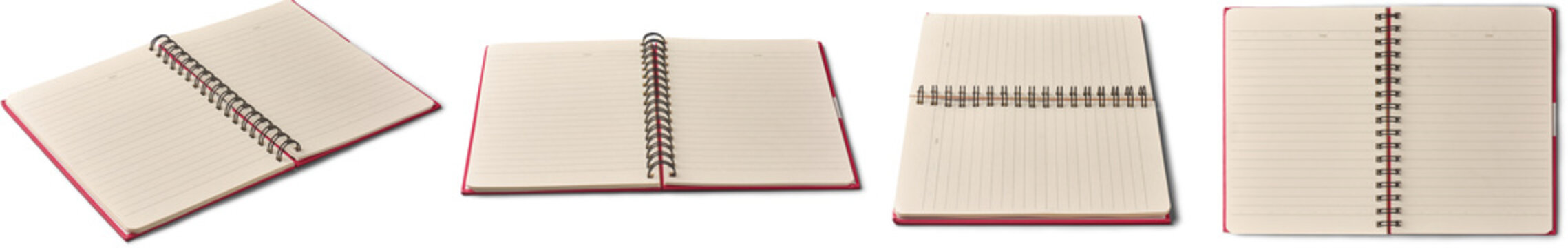 set of open spiral notebook with red cover, blank beige dot grid pages isolated white background, mock-up template of stationery and bullet journals in different angles