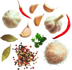 Culinary spice arrangement with garlic chili and peppercorns