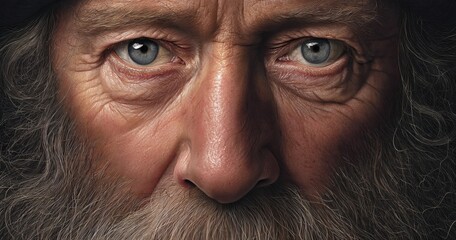 Intense gaze of a wise elder with captivating blue eyes and weathered skin showing life's journey