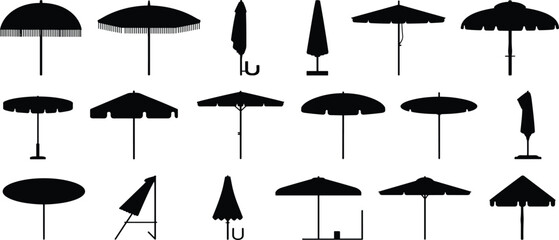 Umbrella and parasol silhouette illustration set, closed and open icons, beach and patio graphic, rain symbol, shade design