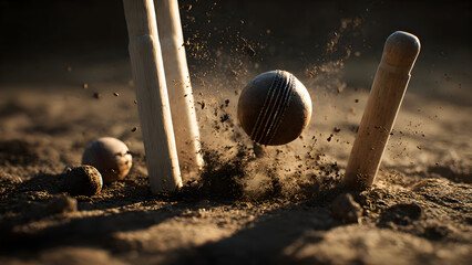 Cricket stumps cartwheeling through air after devastating yorker delivery, bails spinning separately, dust particles illuminated by golden hour sunlight, ground-level perspective showing grass texture