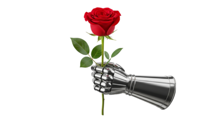 Robot hand holding a red rose isolated on transparent background