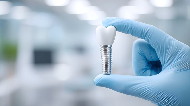 Close up of a medical professional s hand wearing blue gloves presenting a detailed dental implant screw and crown for oral health resto n and surgical procedures
