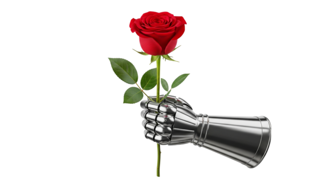 Robot hand holding a red rose isolated on transparent background - Powered by Adobe