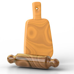 Cutting board and rolling pin set 3D render