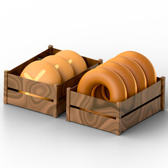 Baked goods in wooden crates 3D render