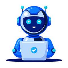 Friendly blue robot with a laptop and a checkmark