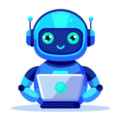 Friendly blue robot working on a laptop computer
