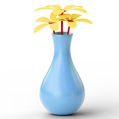 Blue ceramic vase with yellow paper flowers 3D render