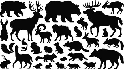 Wild forest animal silhouette illustration set, bear deer fox rabbit icons, nature graphic, wildlife symbol, mammal shape design