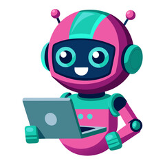 Cute pink and teal robot holding a laptop