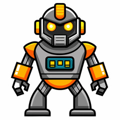 Cartoon robot with glowing eyes and orange accents